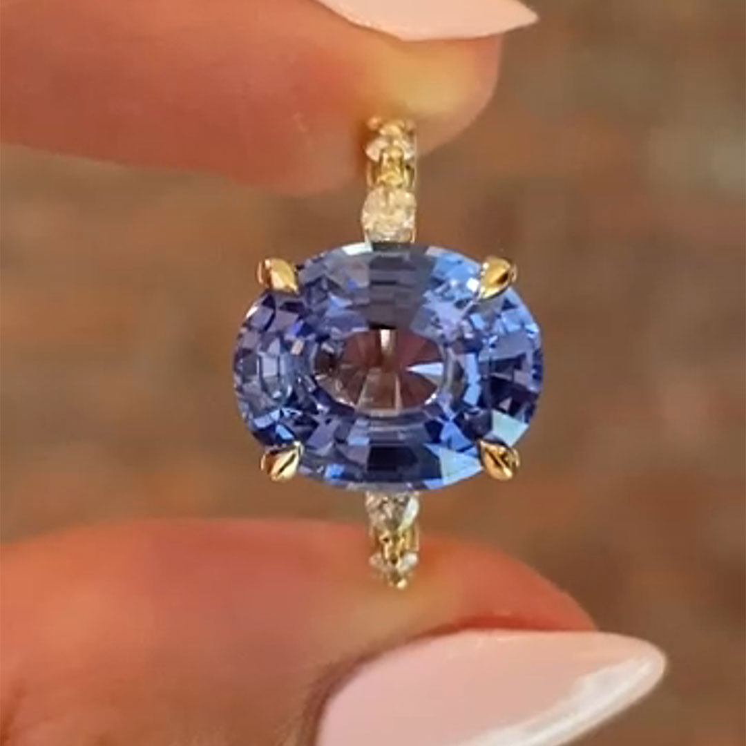 2CT Blue Oval Cut High Carbon Stone & Colorless Moissanite Engagement Ring In S925 Silver - 14K Gold Plated