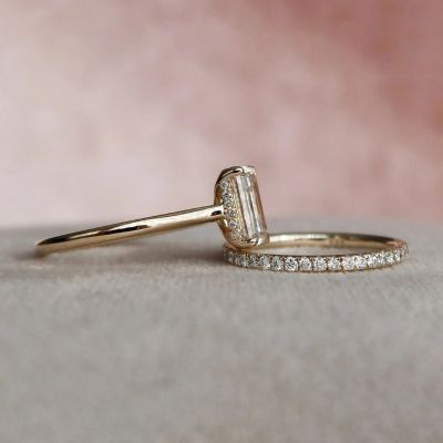 2CT Emerald Cut & 1.3CT Round Cut Moissanite Wedding Ring Set In S925 Silver - 14K Gold Plated