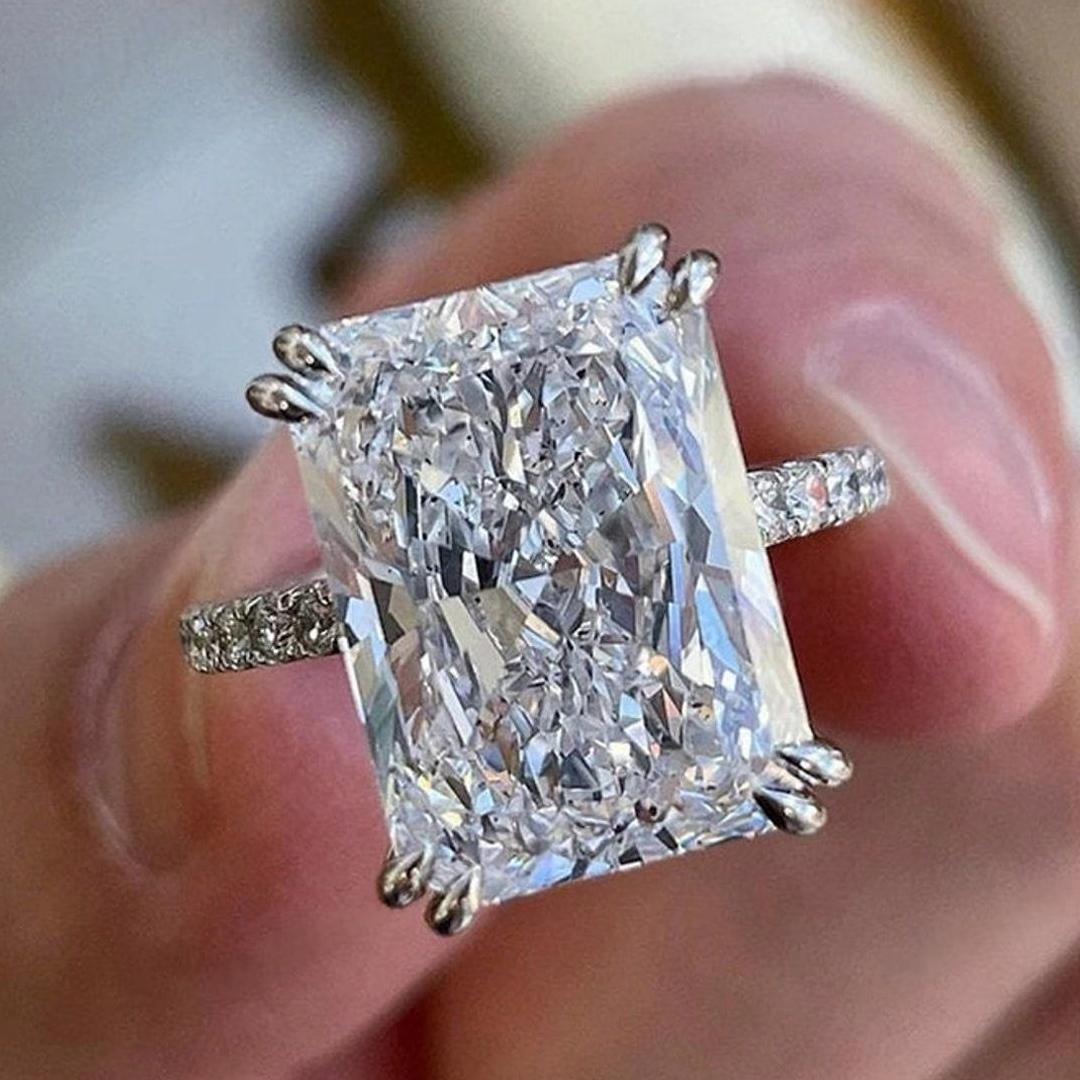 3CT Radiant Cut Moissanite Hide Halo Engagement Ring with Double Claw Prongs In S925 Silver - 14K White Gold Plated