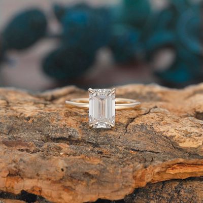 2.5CT Emerald & Round Cut Moissanite Engagement Ring In S925 Silver - 14K Yellow Gold Plated