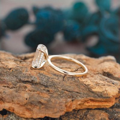 2.5CT Emerald & Round Cut Moissanite Engagement Ring In S925 Silver - 14K Yellow Gold Plated