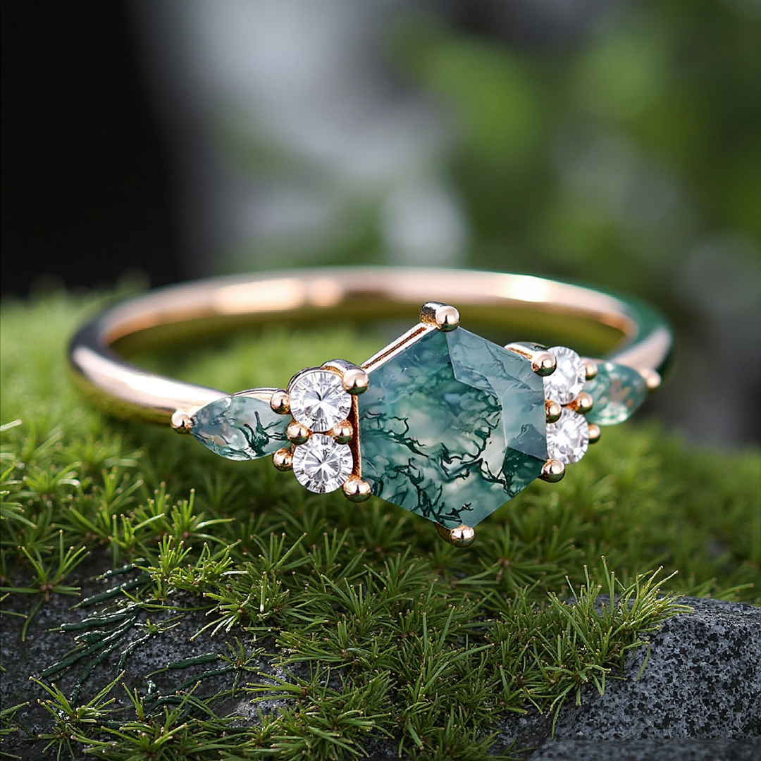 1CT Hexagon & Marquise Cut Moss Agate Engagement Ring In S925 Silver - 14K Gold Plated