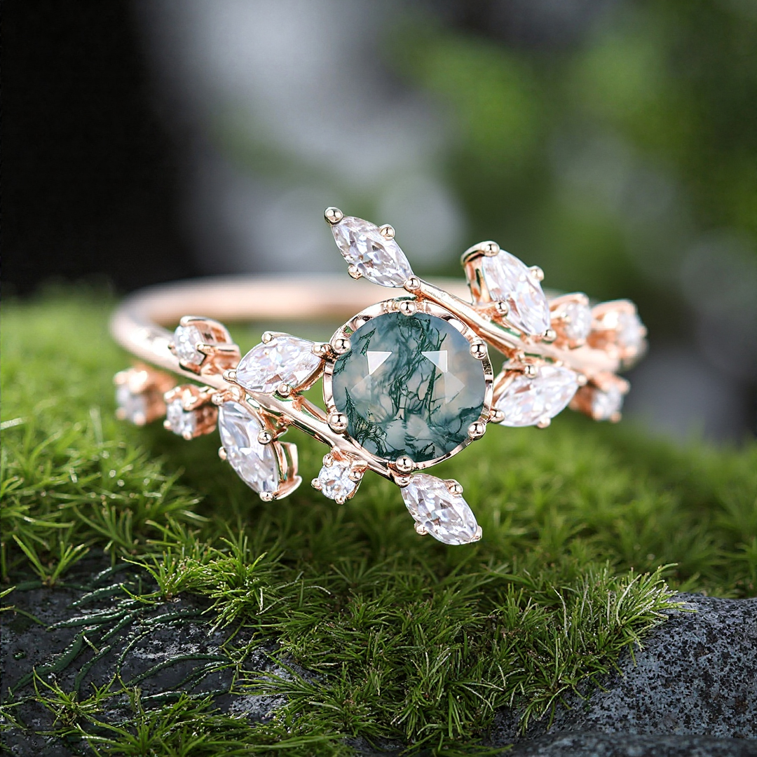 0.8CT Round Cut Moss Agate & Marquise Cut Moissanite Engagement Ring In S925 Silver - 14K Gold Plated