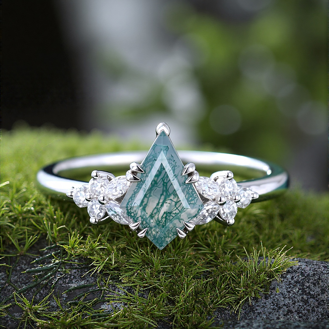 1.1CT Kite Cut Moss Agate & Round Cut Moissanite Engagement Ring In S925 Silver - 14K Gold Plated