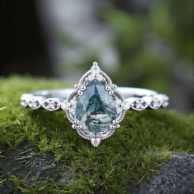 1CT Vintage Pear Cut Moss Agate &Round Cut Moissanite Engagement Ring In S925 Silver - 14K Gold Plated