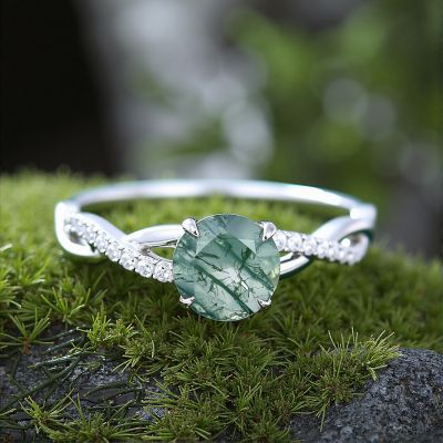 0.8CT Round Cut Moss Agate & Moissanite Engagement Ring In S925 Silver - 14K Gold Plated