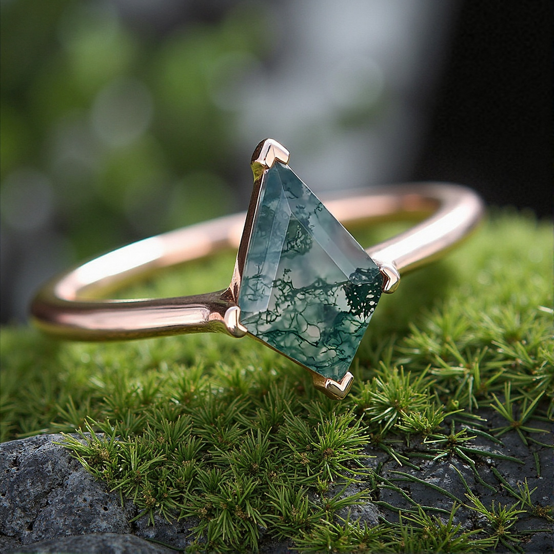 0.98CT Kite Cut Moss Agate Engagement Ring In S925 Silver - 14K Gold Plated