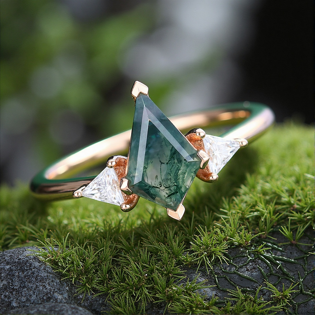 0.678CT Kite Cut Moss Agate & Triangle Cut Moissanite Engagement Ring In S925 Silver - 14K Gold Plated