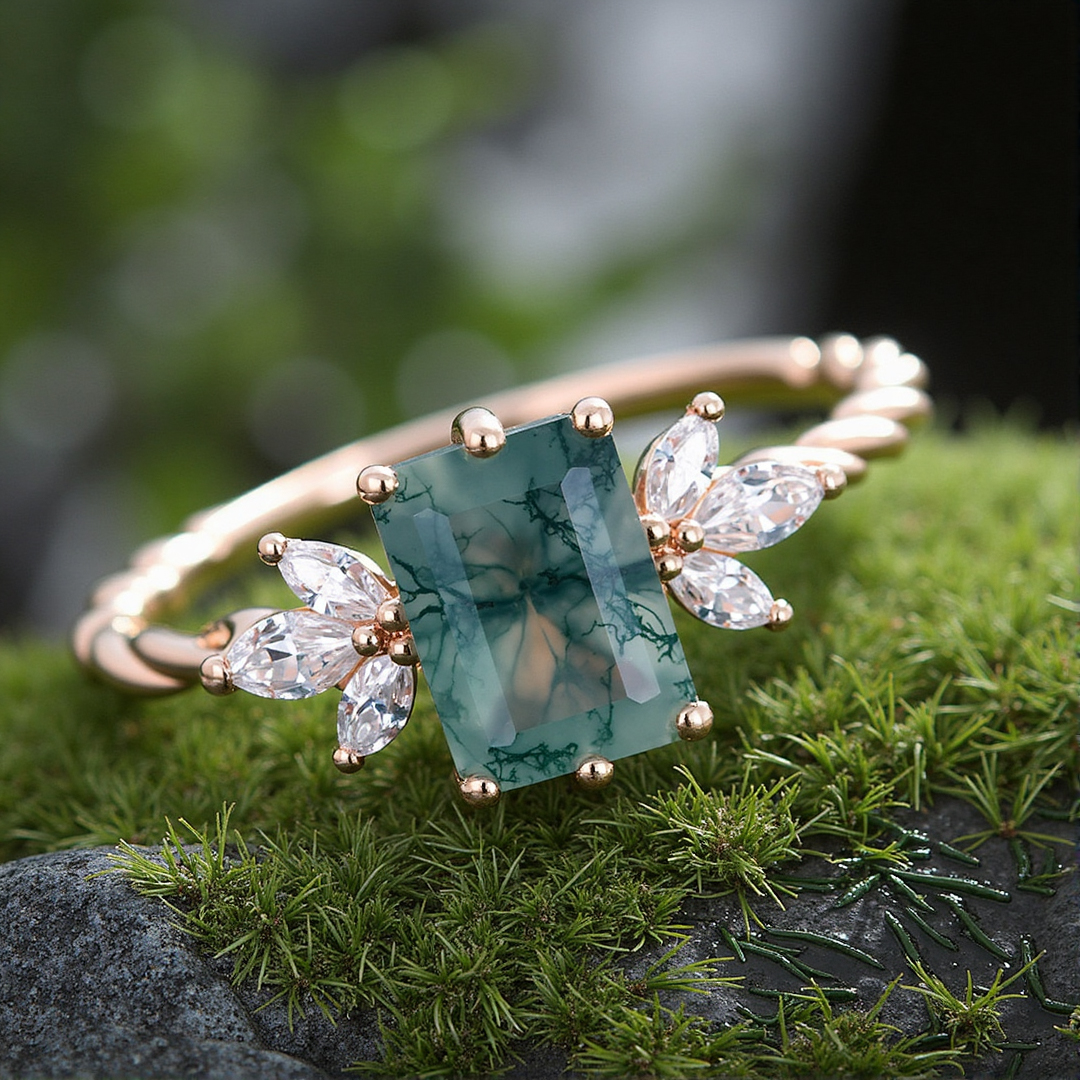 1.427CT Emerald Cut Moss Agate & Marquise Cut Moissanite Engagement Ring In S925 Silver - 14K Gold Plated