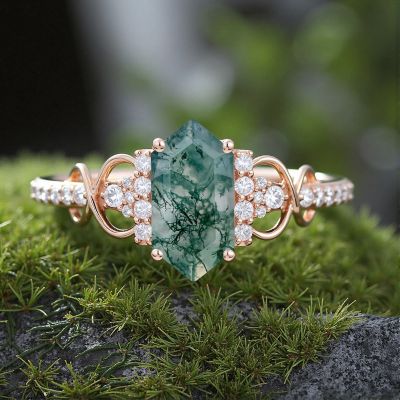 1.3CT Elongated Hexagon Cut Moss Agate & Round Cut Moissanite Engagement Ring In S925 Silver - 14K Gold Plated