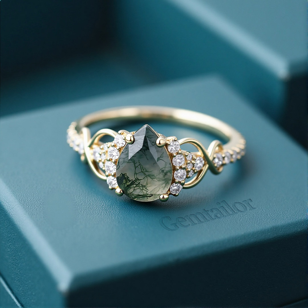 1.1CT Pear Cut Moss Agate & Round Cut Moissanite Engagement Ring In S925 Silver - 14K Gold Plated