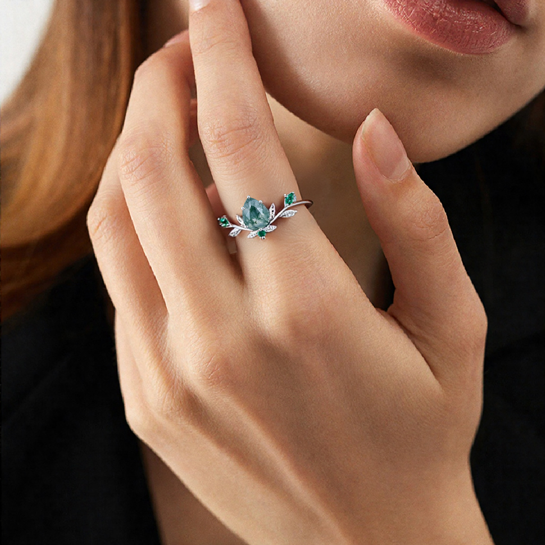 1.2CT Pear Cut Moss Agate & Marquise Cut Moissanite Engagement Ring In S925 Silver - 14K Gold Plated