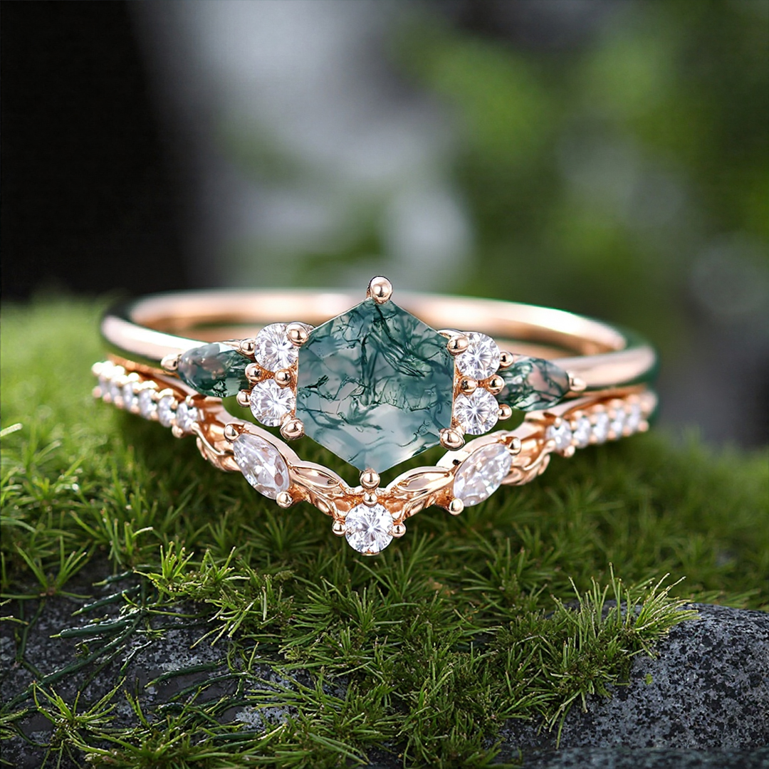 1CT Hexagon Cut Moss Agate & Round Cut Moissanite Engagement Ring Set In S925 Silver - 14K Gold Plated