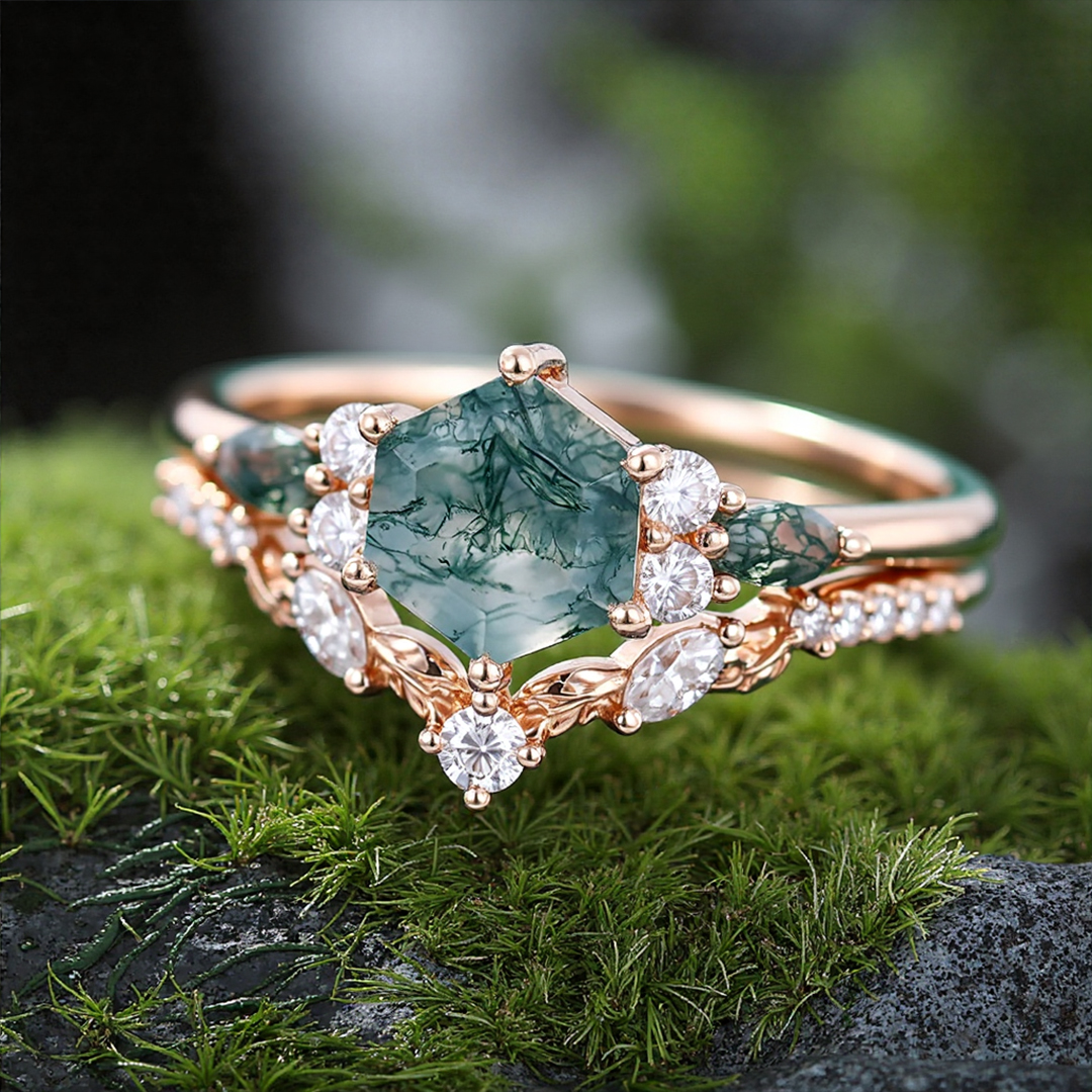 1CT Hexagon Cut Moss Agate & Round Cut Moissanite Engagement Ring Set In S925 Silver - 14K Gold Plated