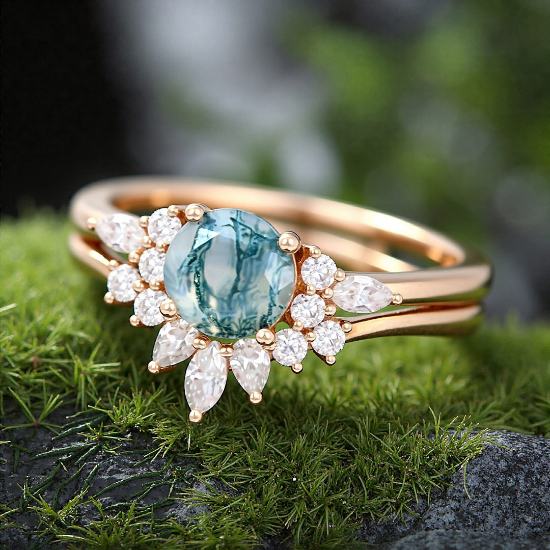 1CT Round Cut Moss Agate With Round & Marquise Cut Moissanite Engagement Ring Set In S925 Silver - 14K Gold Plated