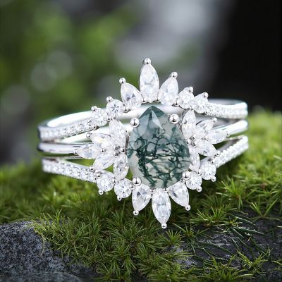 1CT Pear Shape Moss Agate With Marquise & Round Cut Moissanite Engagement Ring Set In S925 Silver - 14K Gold Plated