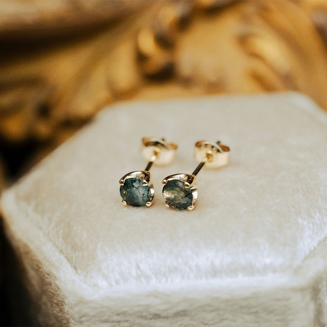 4MM Round Cut Moss Agate Earrings In S925 Silver - 14K Gold Plated