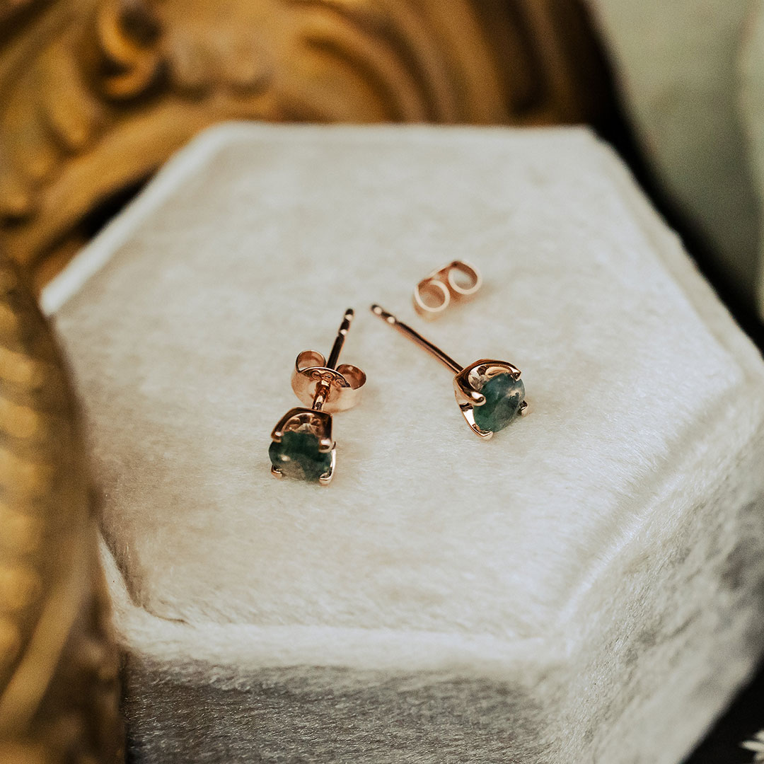 4MM Round Cut Moss Agate Earrings In S925 Silver - 14K Gold Plated