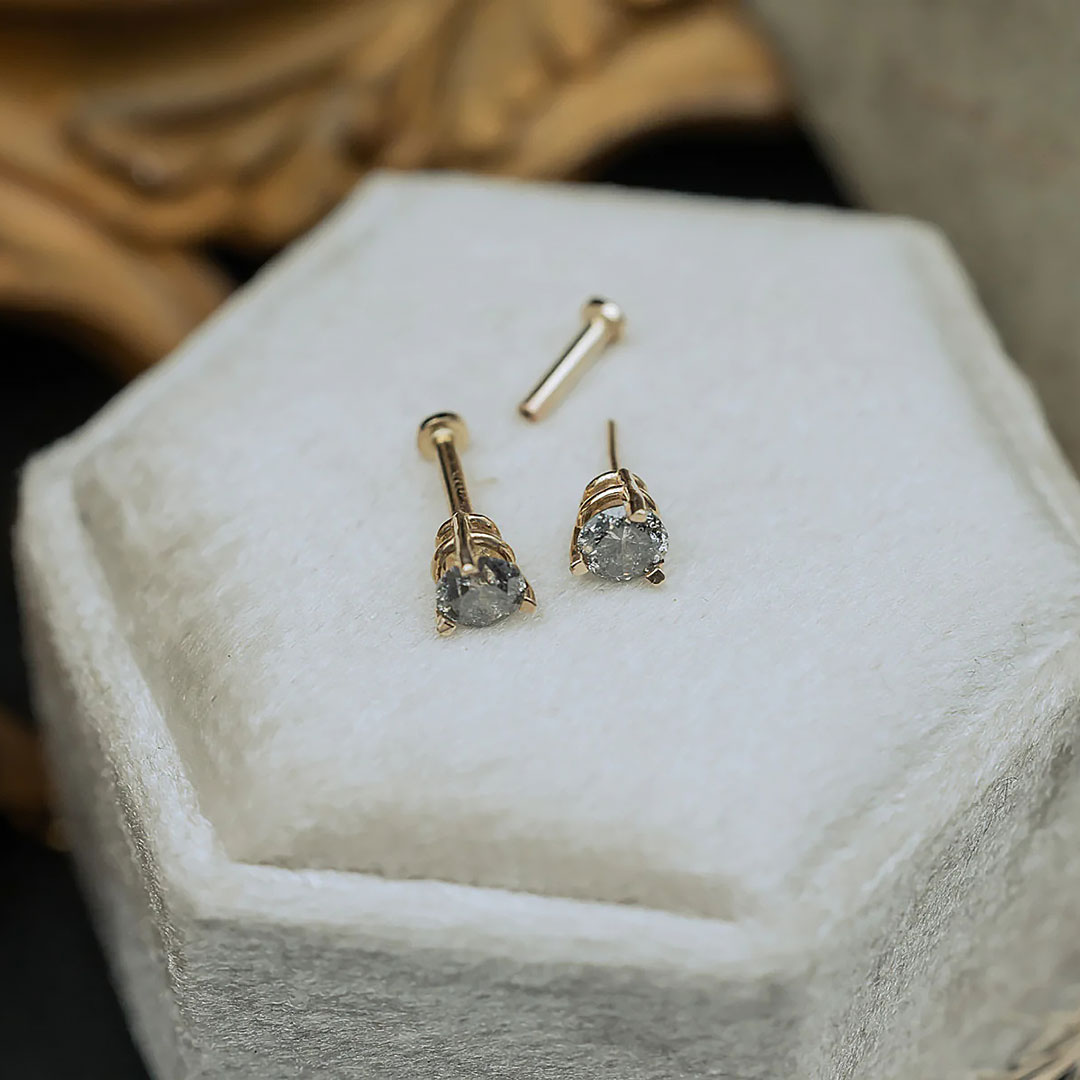 4MM Round Cut Salt & Pepper Diamond Earrings In S925 Silver - 14K Gold Plated