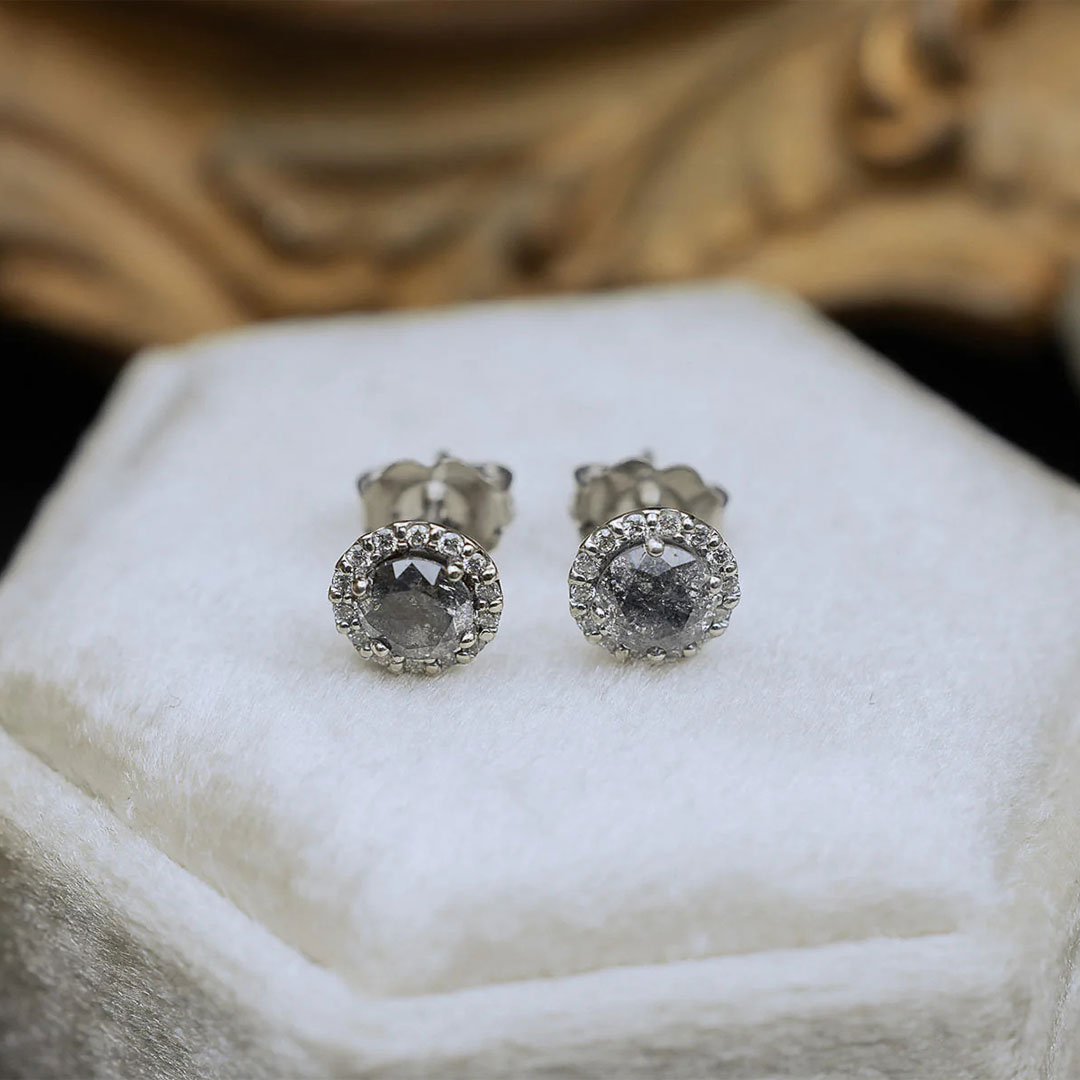 4MM Round Cut Salt & Pepper Diamond With Moissanite Earrings In S925 Silver - 14K Gold Plated