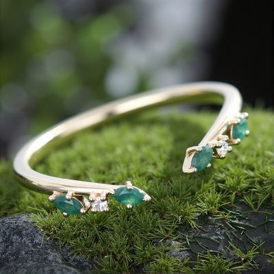 0.2CT Marquise Cut Moss Agate & Round Cut Moissanite Wedding Band In S925 Silver - 14K Gold Plated